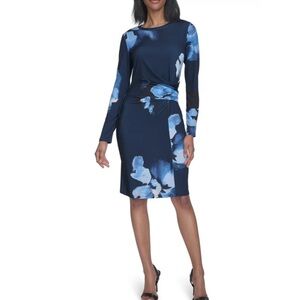 Halston 3/4 Sleeve Draped Waist Navy Blue Floral Jersey Stretch Dress size 10